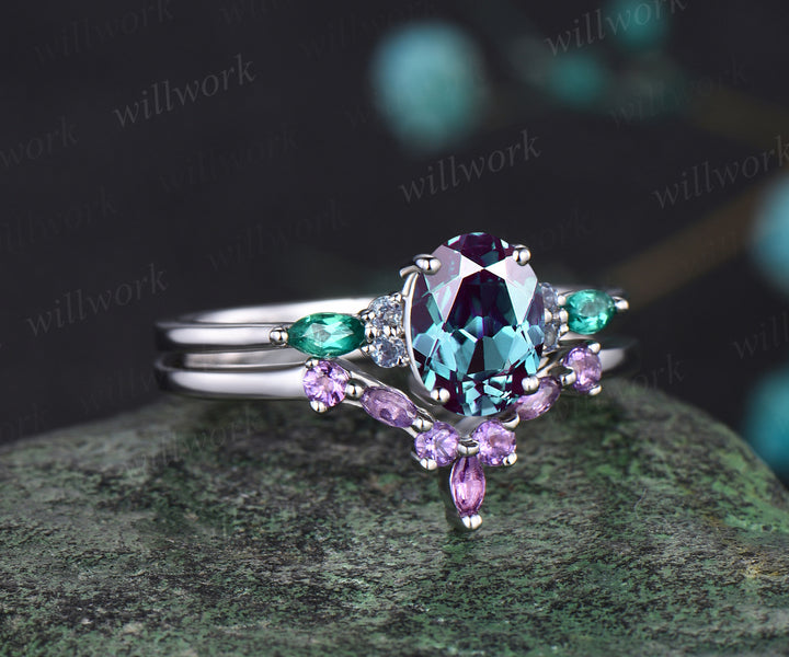 June Birthstone Oval Cut Alexandrite Engagement Ring Set Unique Emerald Amethyst Seven Stone Ring 14k White Gold 2pcs Bridal Ring Set
