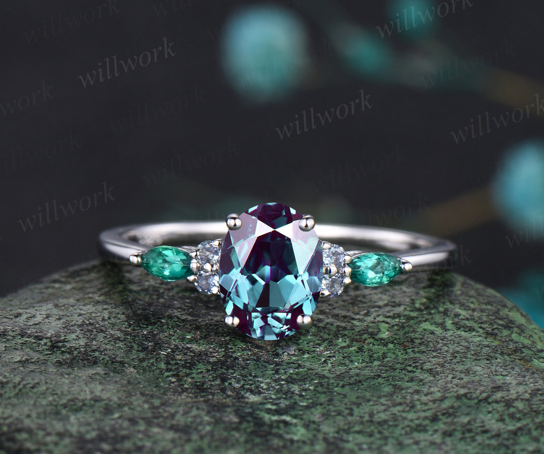 June Birthstone Oval Cut Alexandrite Engagement Ring Set Unique Emerald Amethyst Seven Stone Ring 14k White Gold 2pcs Bridal Ring Set