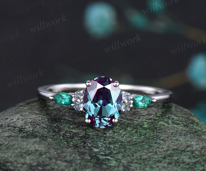 June Birthstone Oval Cut Alexandrite Engagement Ring Set Unique Emerald Amethyst Seven Stone Ring 14k White Gold 2pcs Bridal Ring Set