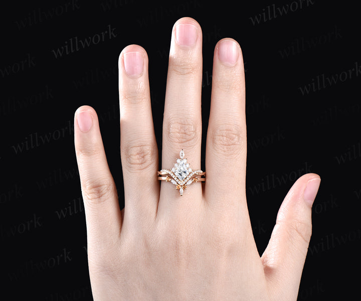 Vintage kite cut moissanite engagement ring yellow gold halo unique ring set art deco twisted promise ring curved citrine moissanite wedding band bridal set