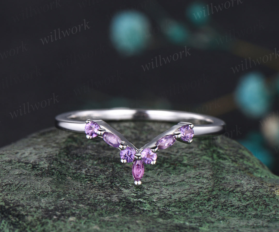June Birthstone Oval Cut Alexandrite Engagement Ring Set Unique Emerald Amethyst Seven Stone Ring 14k White Gold 2pcs Bridal Ring Set