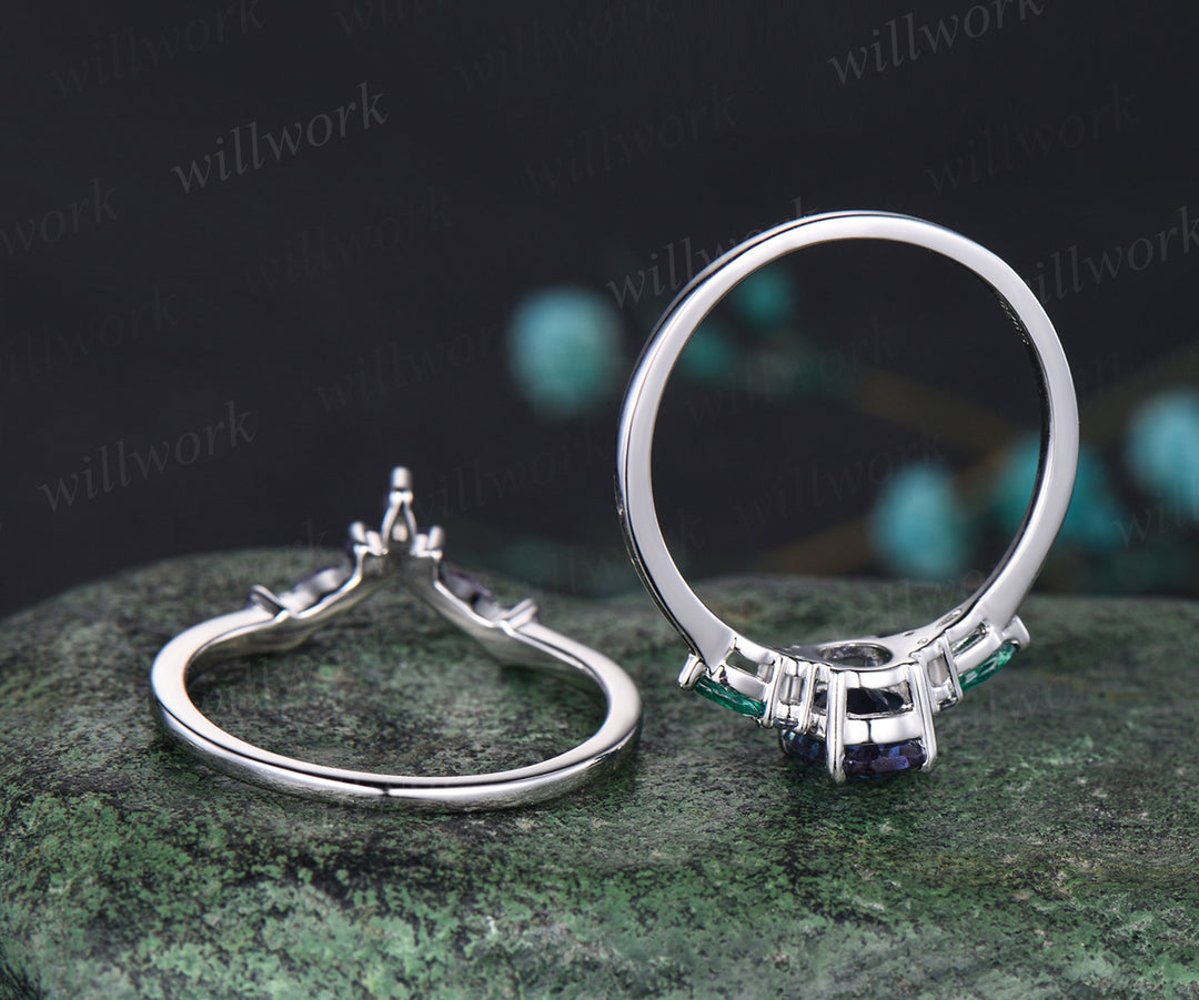 June Birthstone Oval Cut Alexandrite Engagement Ring Set Unique Emerald Amethyst Seven Stone Ring 14k White Gold 2pcs Bridal Ring Set