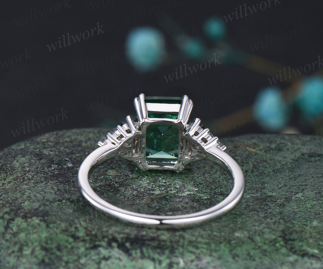 Unique Emerald Cut Green Sapphire Engagement Ring Art Deco Alexandrite Cluster Wedding Ring 14k White Gold Bridal Custom Jewelry