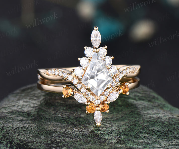 Vintage kite cut moissanite engagement ring yellow gold halo unique ring set art deco twisted promise ring curved citrine moissanite wedding band bridal set