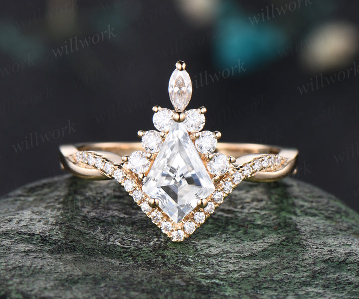 Vintage kite cut moissanite engagement ring yellow gold halo unique ring set art deco twisted promise ring curved citrine moissanite wedding band bridal set