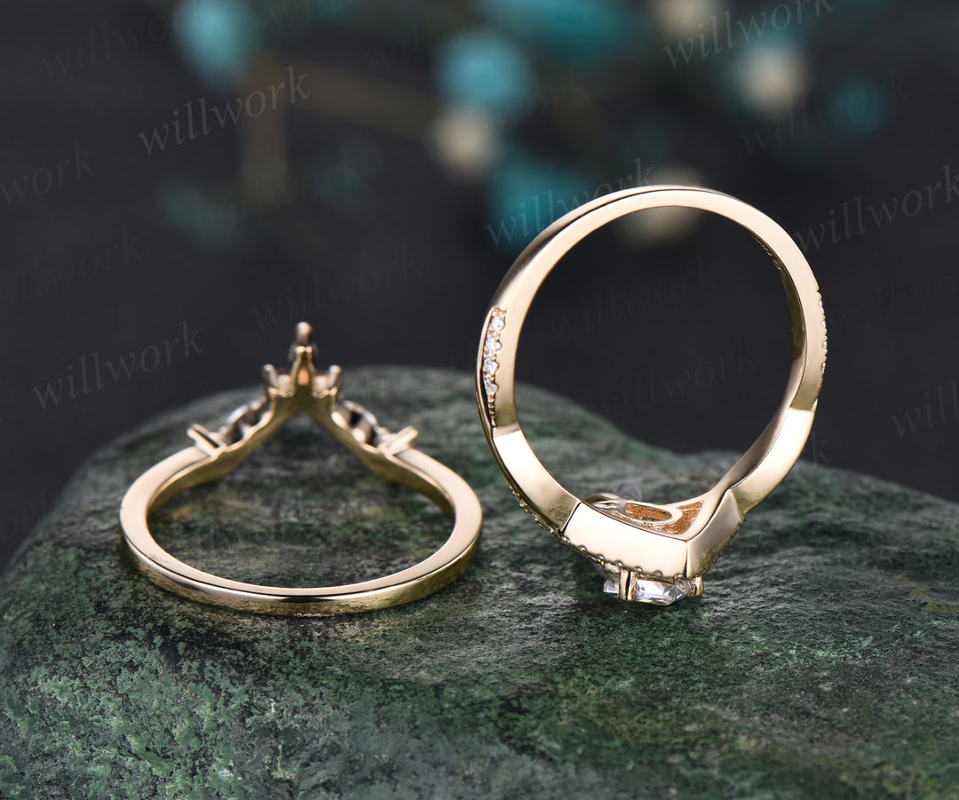 Vintage kite cut moissanite engagement ring yellow gold halo unique ring set art deco twisted promise ring curved citrine moissanite wedding band bridal set