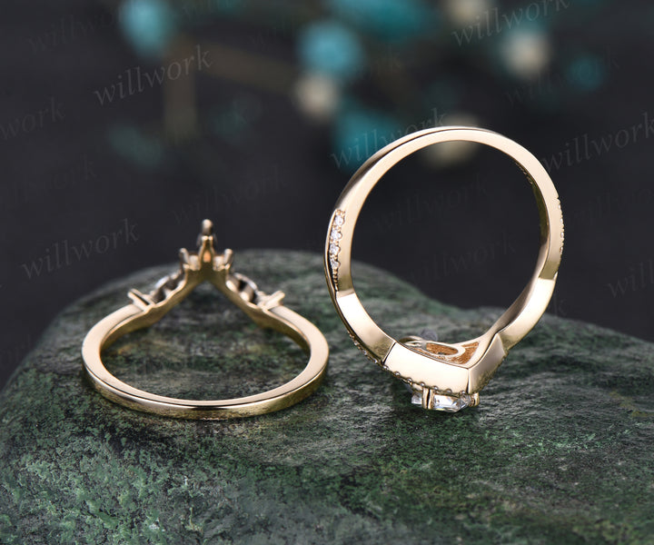 Vintage kite cut moissanite engagement ring yellow gold halo unique ring set art deco twisted promise ring curved citrine moissanite wedding band bridal set