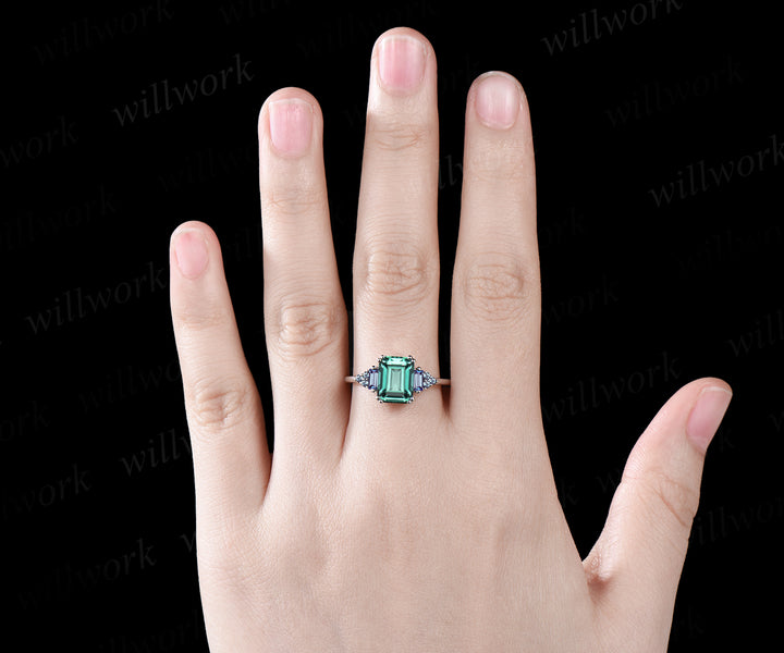 Unique Emerald Cut Green Sapphire Engagement Ring Art Deco Alexandrite Cluster Wedding Ring 14k White Gold Bridal Custom Jewelry