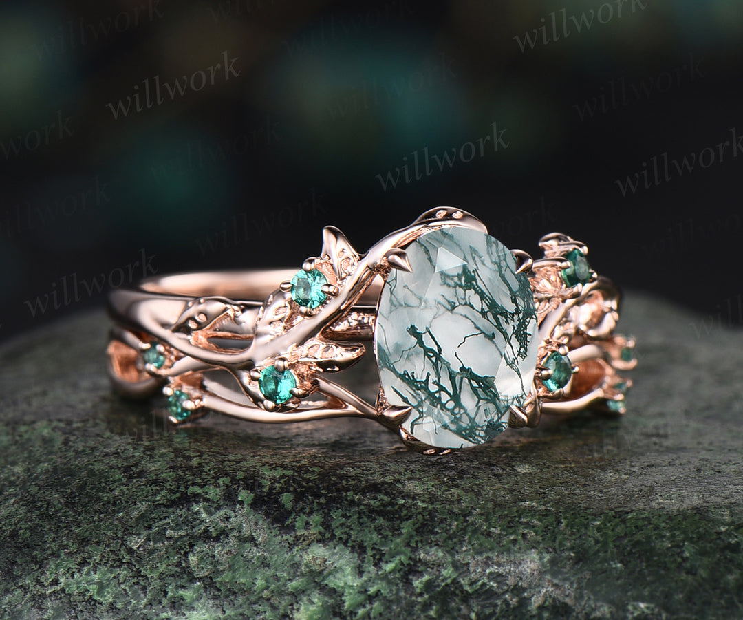 6x8mm oval cut natural moss agate nature inspired engagement ring set 14k rose gold twig leaf ring art deco emerald wedding band bridal set jewelry gifts Anniversary gift