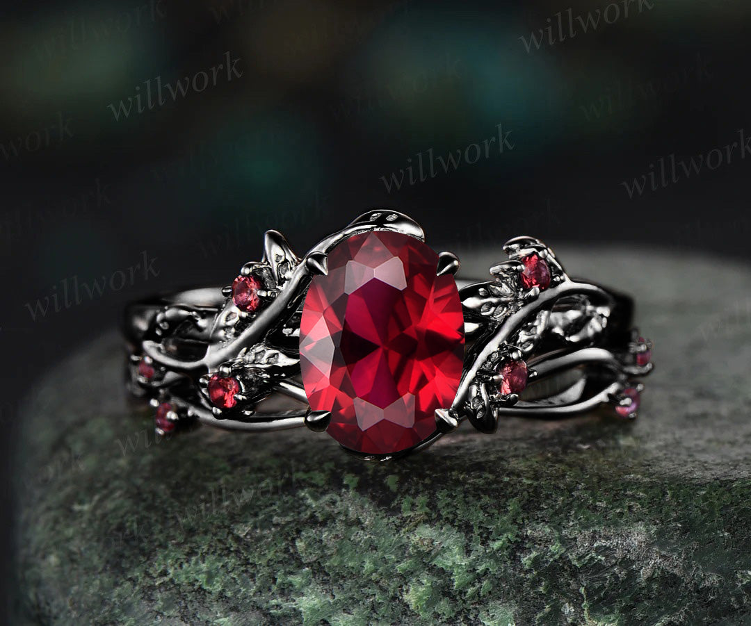Nature inspired oval cut red ruby engagement ring set 14k black