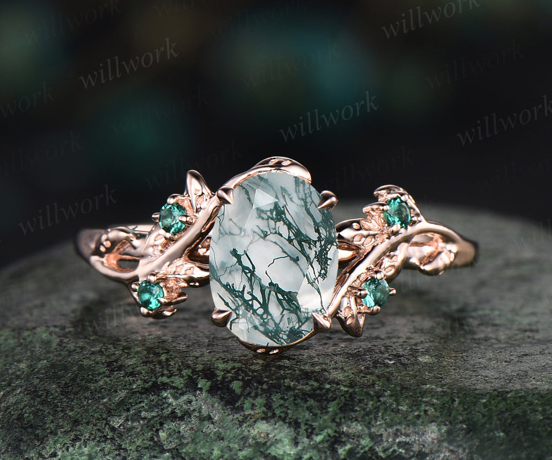 6x8mm oval cut natural moss agate nature inspired engagement ring set 14k rose gold twig leaf ring art deco emerald wedding band bridal set jewelry gifts