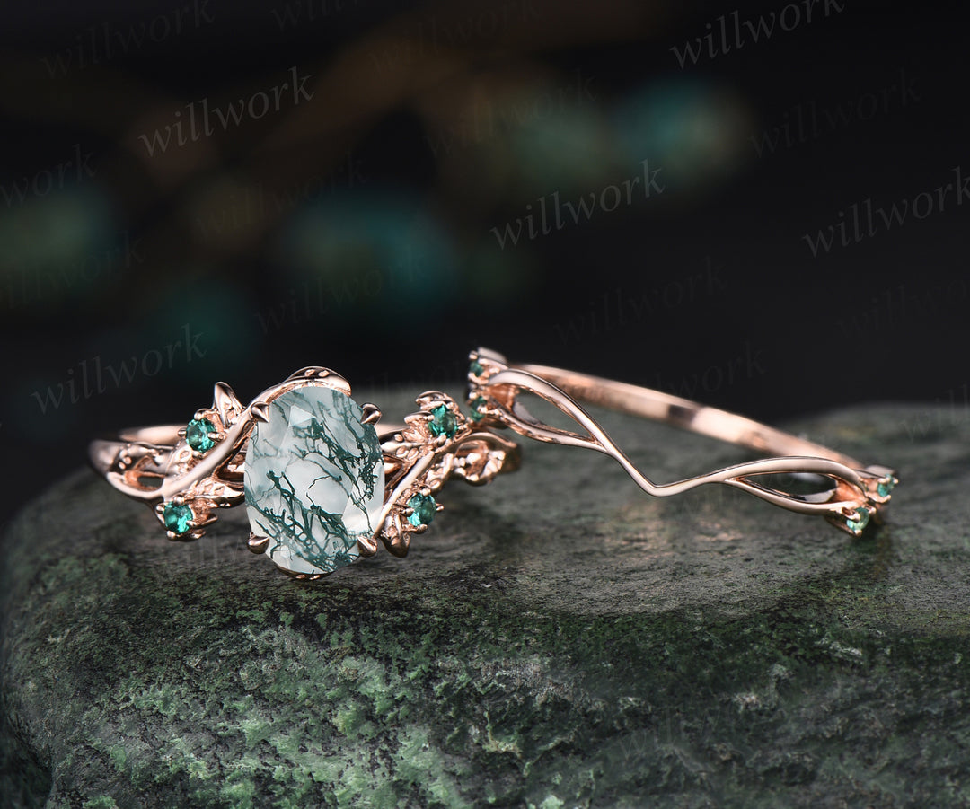 6x8mm oval cut natural moss agate nature inspired engagement ring set 14k rose gold twig leaf ring art deco emerald wedding band bridal set jewelry gifts Anniversary gift