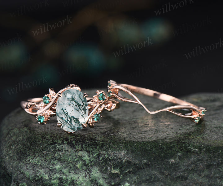 6x8mm oval cut natural moss agate nature inspired engagement ring set 14k rose gold twig leaf ring art deco emerald wedding band bridal set jewelry gifts Anniversary gift