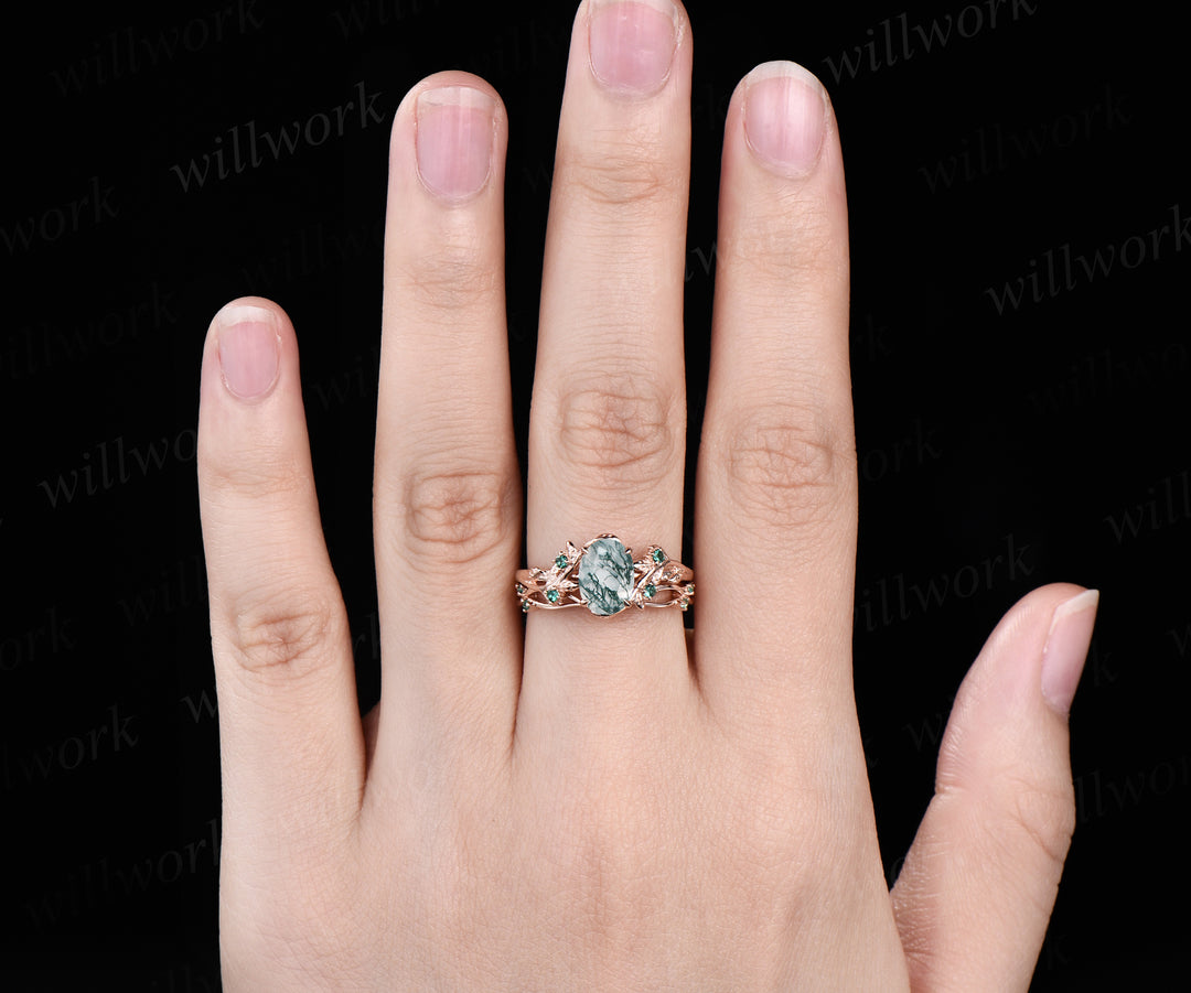 6x8mm oval cut natural moss agate nature inspired engagement ring set 14k rose gold twig leaf ring art deco emerald wedding band bridal set jewelry gifts Anniversary gift