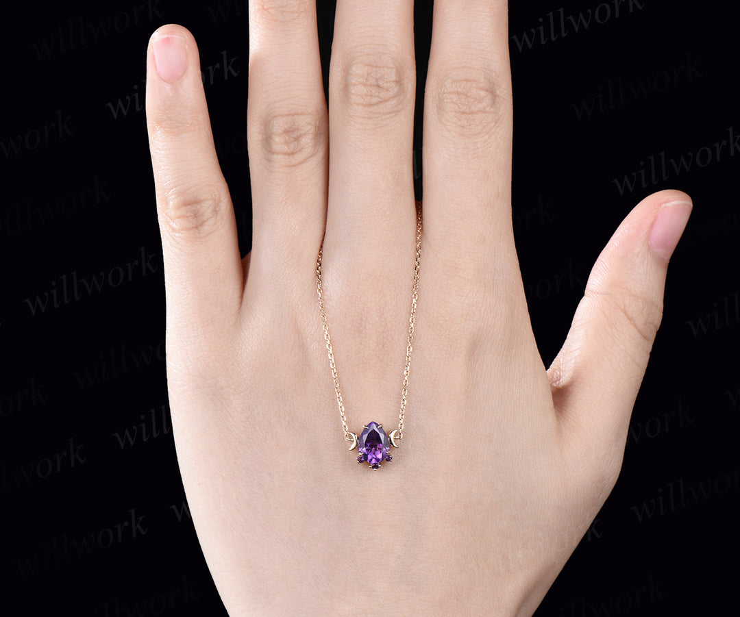 Teardrop natural amethyst necklace unique moon dainty necklace pendant 14k yellow gold mother bridal anniversary gift