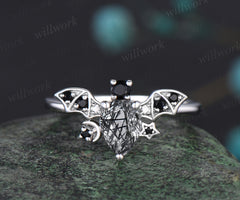 Delicate Pear Cut Natural Black Rutilated Quartz Ring Unique Black Diamond Spinel Bat Ring Moon Star Promise Ring