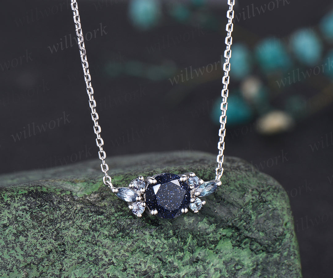 Delicate Galaxy Round Cut Blue Sandstone Necklace Minimalist June Birthstone Alexandrite Pendant Cluster Seven Stone Necklace Healing Jewelry