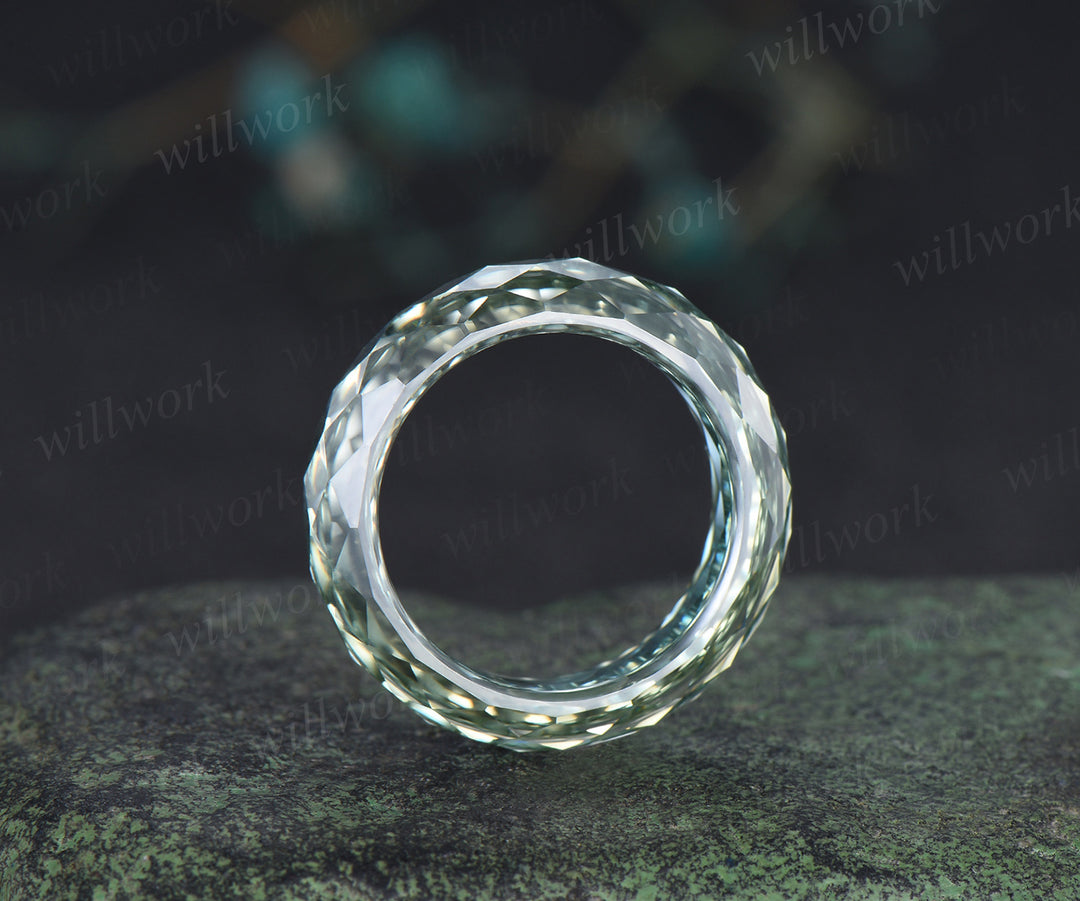 Briolette cut green moissanite wedding band mens full eternity unique bridal engagement ring women for him husband