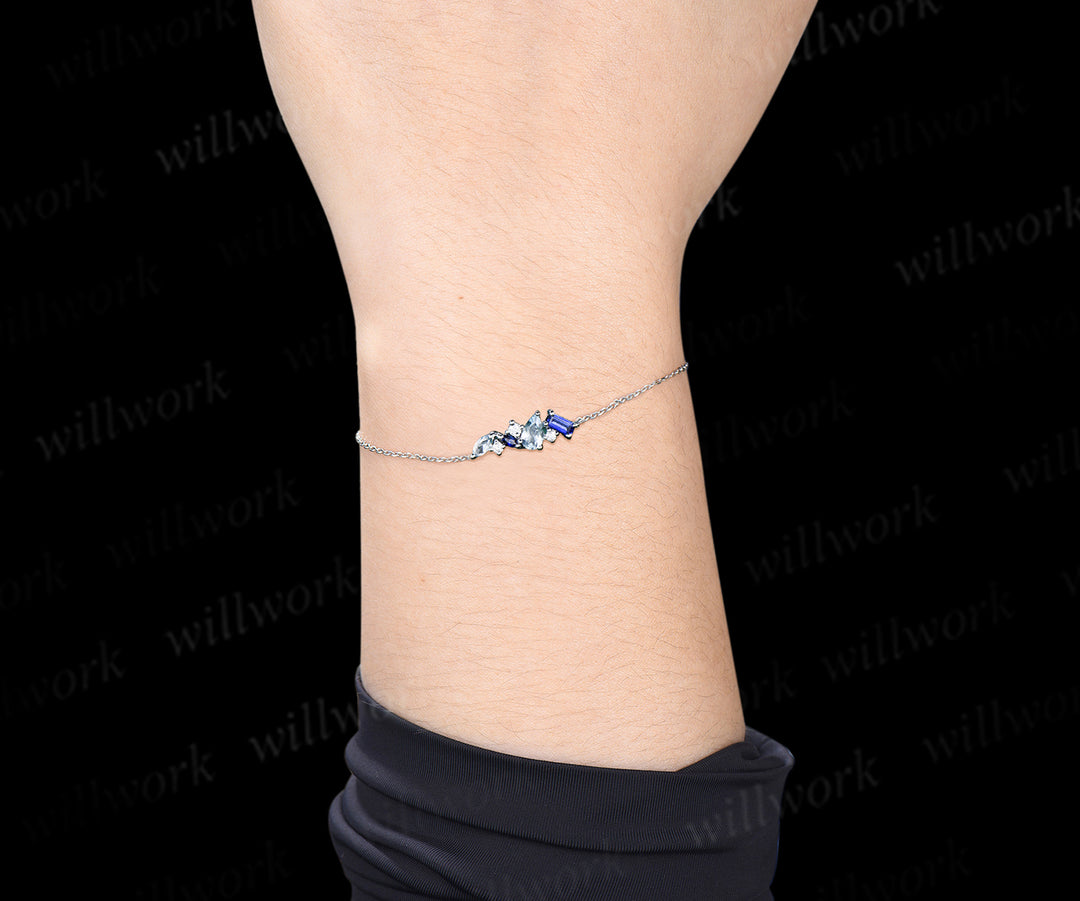 Elegant Pear Shaped Aquamarine Bracelet Mixed Cut Blue Sapphire Lobster Claw Bracelet Silver Gold Art Deco Anniversary Gift Women