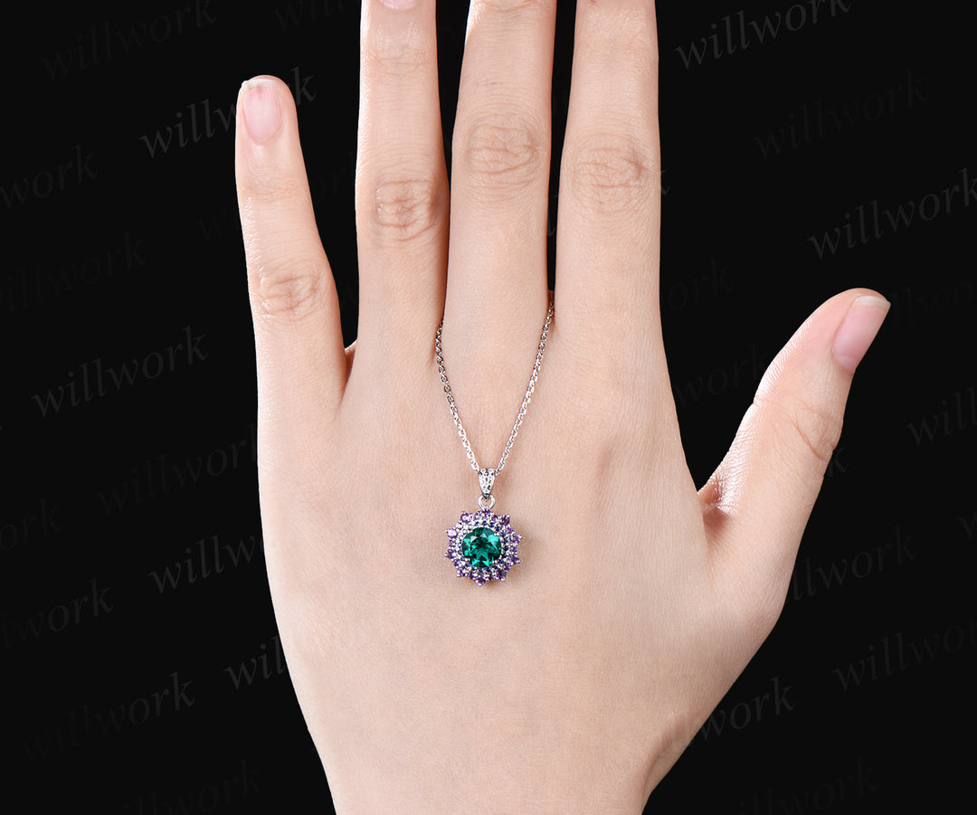 Round green emerald Necklace white gold snowdrift double halo sapphire amethyst Pendant May birthstone anniversary gift