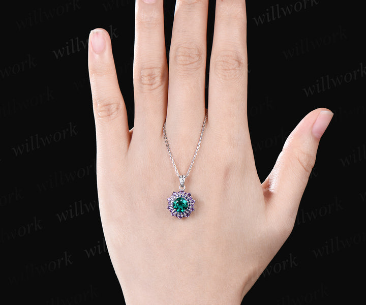 Round green emerald Necklace white gold snowdrift double halo sapphire amethyst Pendant May birthstone anniversary gift