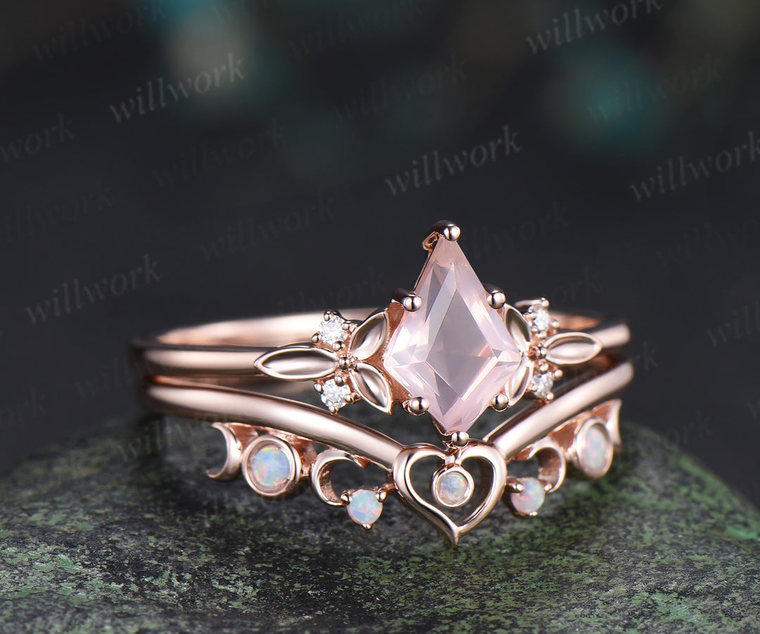 Kite cut rose quartz engagement ring solid 14k white gold leaf five stone heart moon opal ring women unique bridal wedding ring jewelry gift