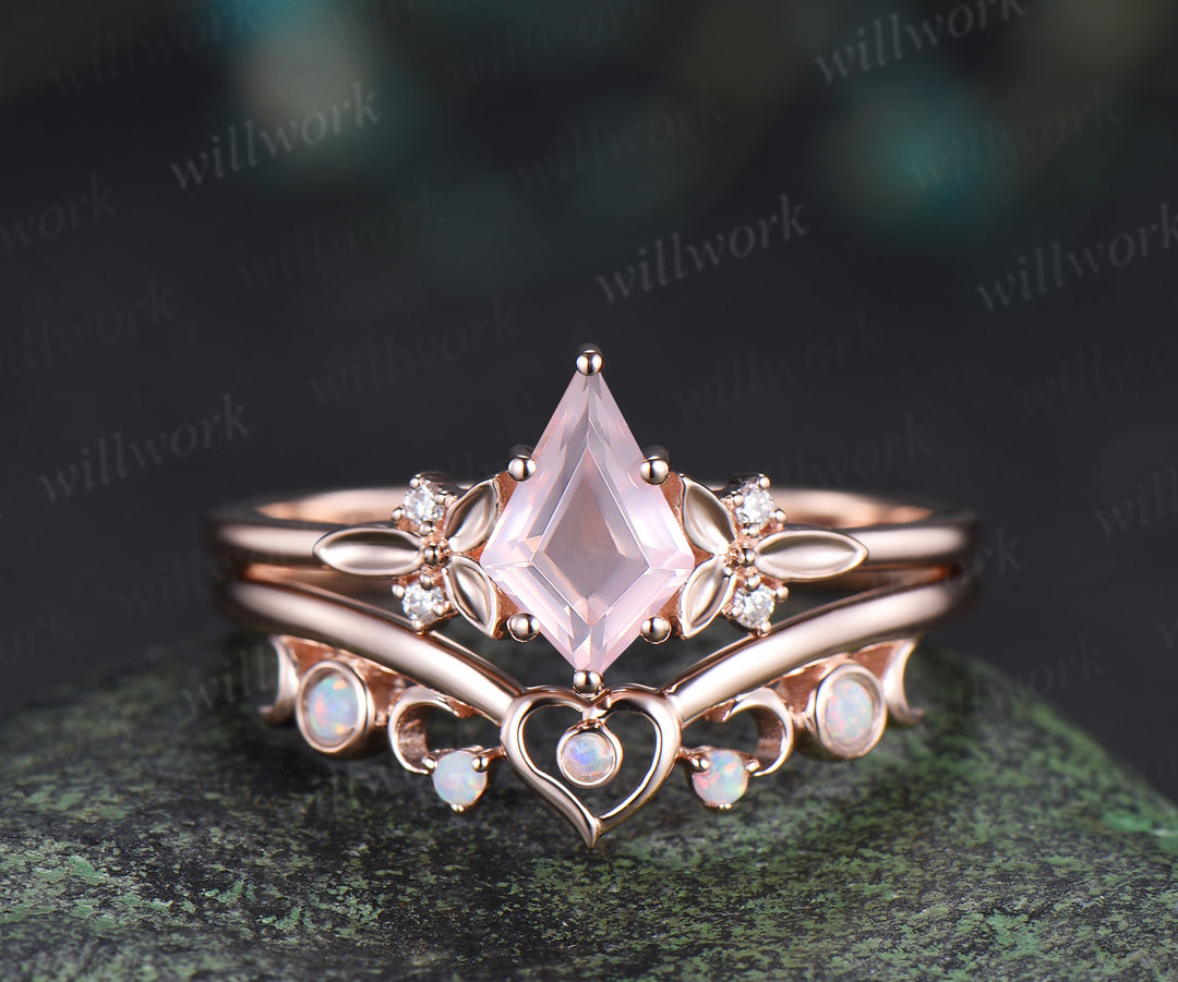 Kite cut rose quartz engagement ring solid 14k white gold leaf five stone heart moon opal ring women unique bridal wedding ring jewelry gift