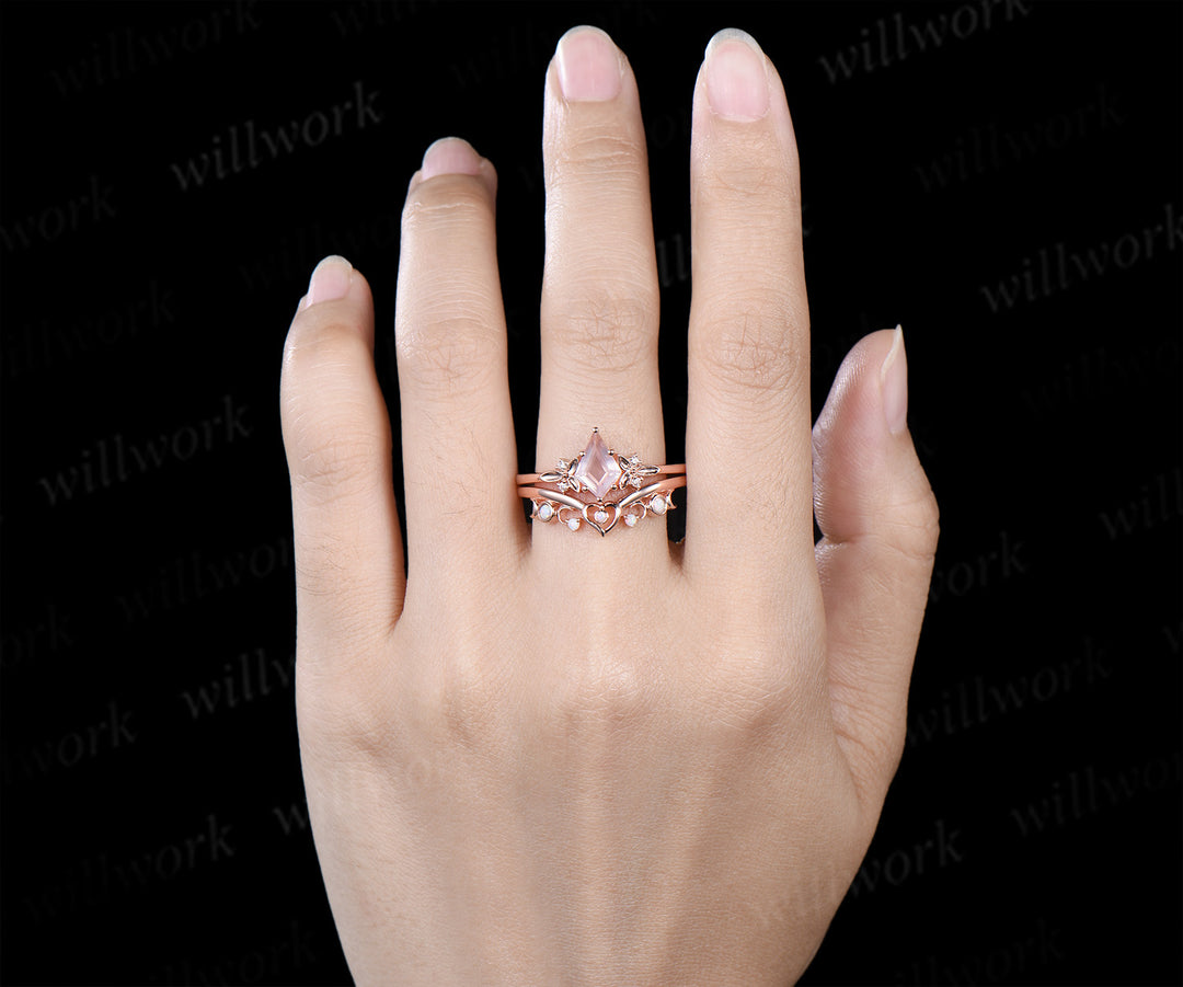 Kite cut rose quartz engagement ring solid 14k white gold leaf five stone heart moon opal ring women unique bridal wedding ring jewelry gift