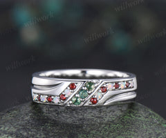 Unique Mens moss agate Wedding Band Round Band 5mm Solid Gold Ring Mens opal garnet Handsome Man Rings Matching Band Ring Gift