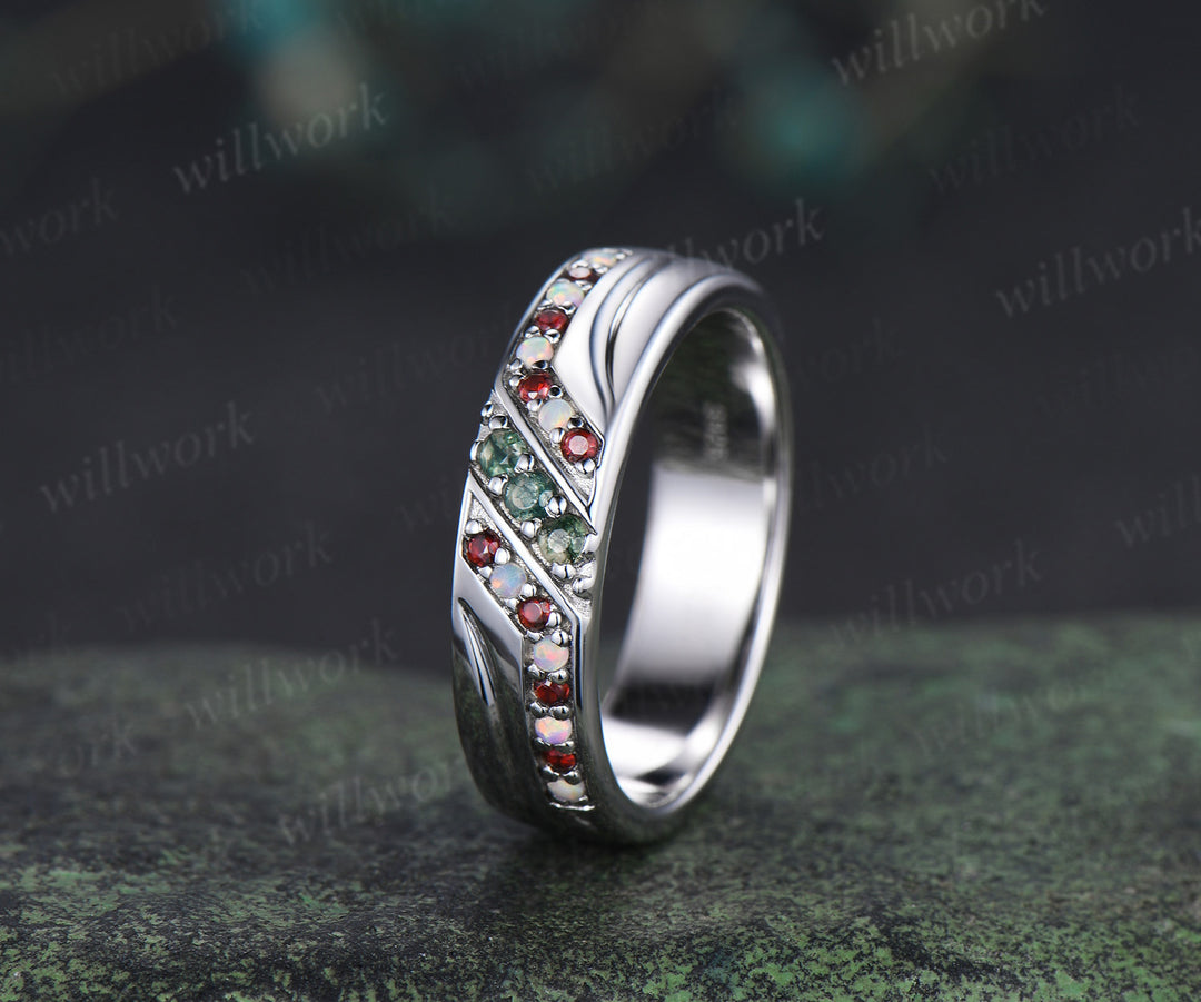 Unique Mens moss agate Wedding Band Round Band 5mm Solid Gold Ring Mens opal garnet Handsome Man Rings Matching Band Ring Gift