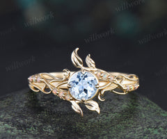 Round cut aquamarine ring yellow gold leaf opal ring filigree engagement wedding ring women