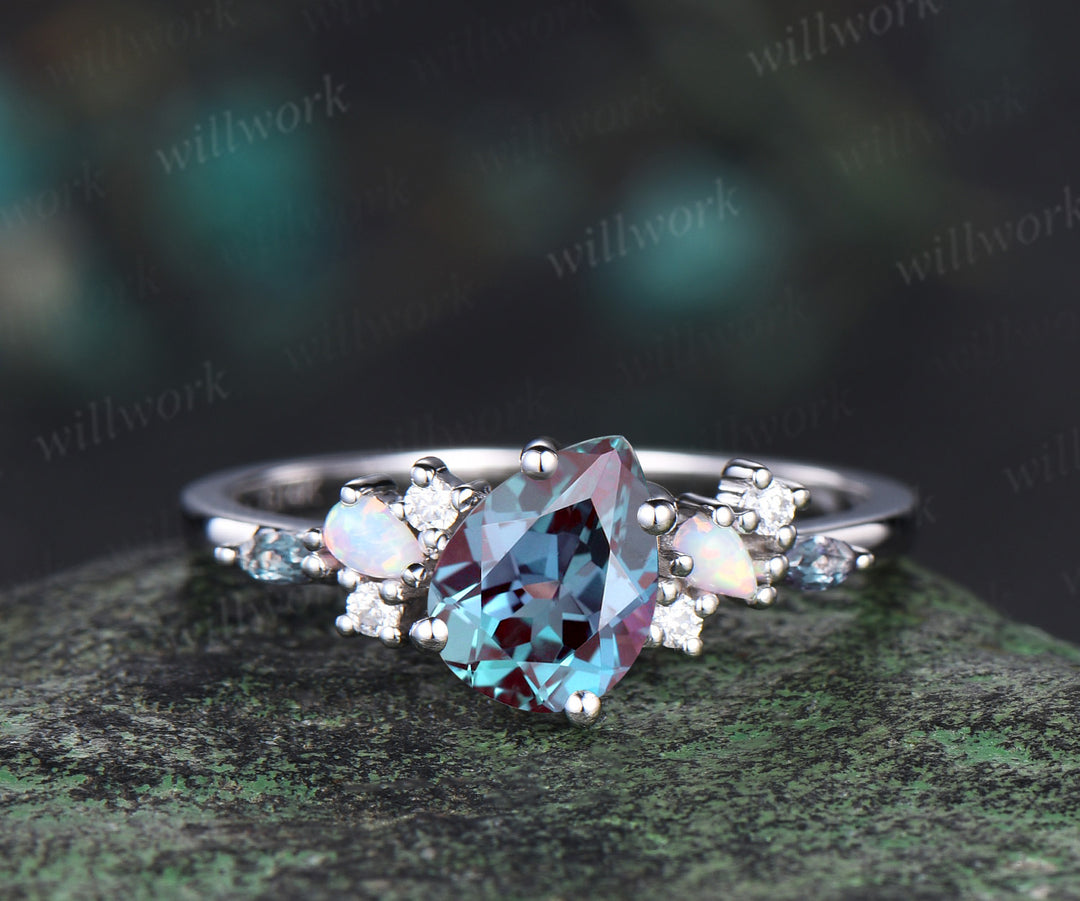 Pear shaped alexandrite engagement ring solid 14k white gold cluster opal ring vintage dainty unique wedding anniversary ring gift