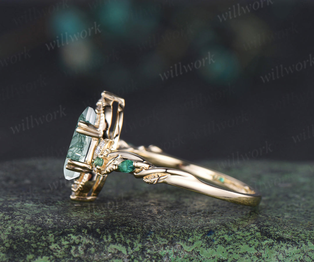 Coffin cut moss agate engagement ring 18k yellow gold Milgrain leaf twisted moon diamond emerald wedding ring women