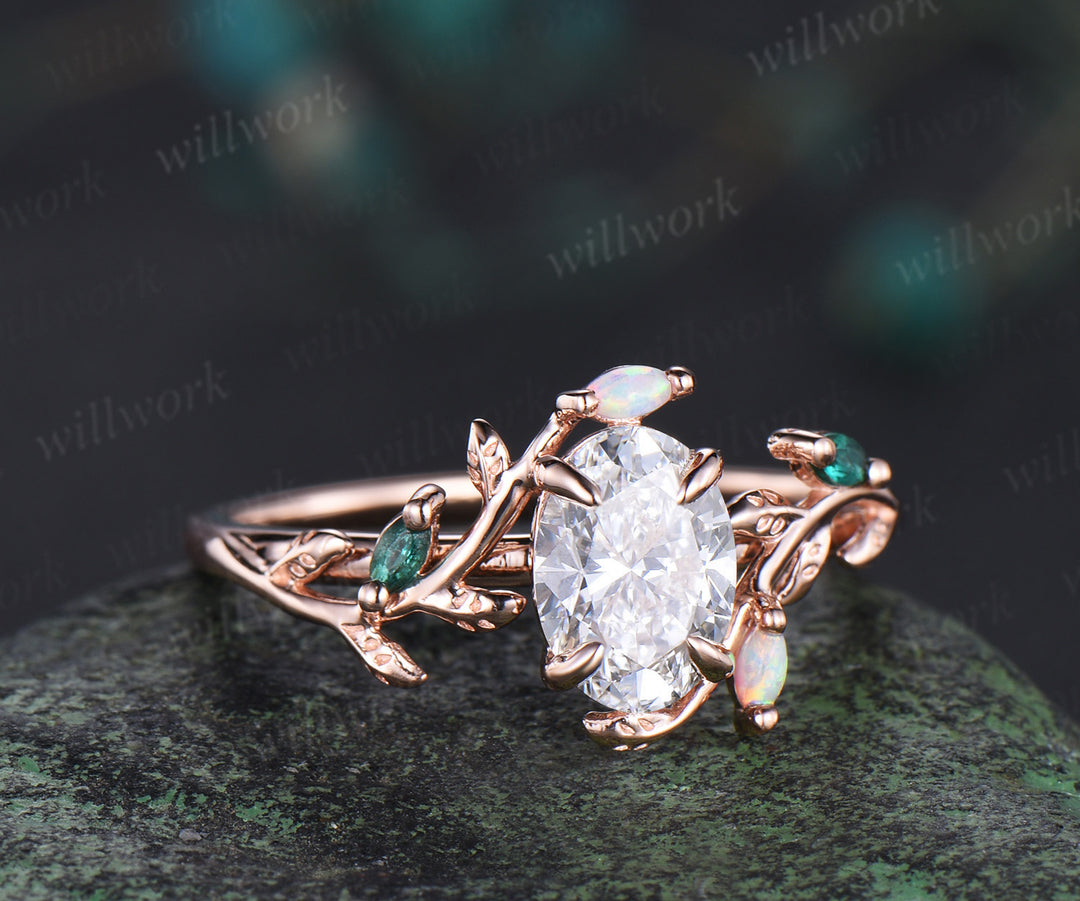 Oval cut IGI Certified lab-grown diamond leaf engagement ring solid rose gold opals emeralds ring nature inspired wedding ring promise anniversary gifts