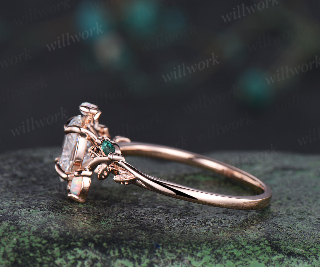 Oval cut IGI Certified lab-grown diamond leaf engagement ring solid rose gold opals emeralds ring nature inspired wedding ring promise anniversary gifts