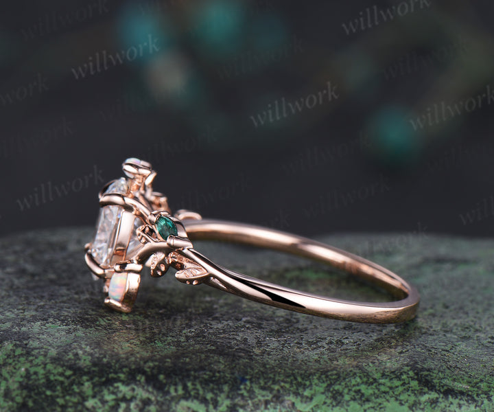 Oval cut IGI Certified lab-grown diamond leaf engagement ring solid rose gold opals emeralds ring nature inspired wedding ring promise anniversary gifts