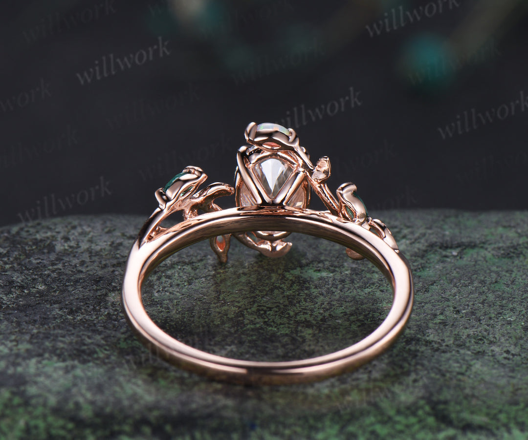 Oval cut IGI Certified lab-grown diamond leaf engagement ring solid rose gold opals emeralds ring nature inspired wedding ring promise anniversary gifts