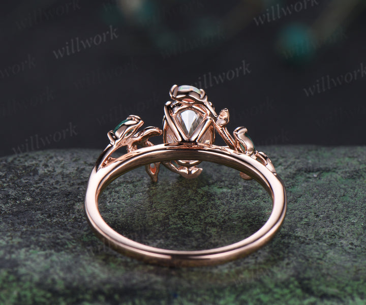 Oval cut IGI Certified lab-grown diamond leaf engagement ring solid rose gold opals emeralds ring nature inspired wedding ring promise anniversary gifts