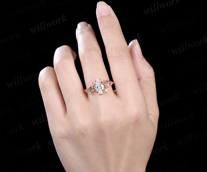 Oval cut IGI Certified lab-grown diamond leaf engagement ring solid rose gold opals emeralds ring nature inspired wedding ring promise anniversary gifts