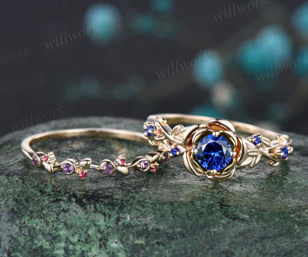 Unique Rose Flower Vine Twig Branch Nature Inspired Ring Sapphire