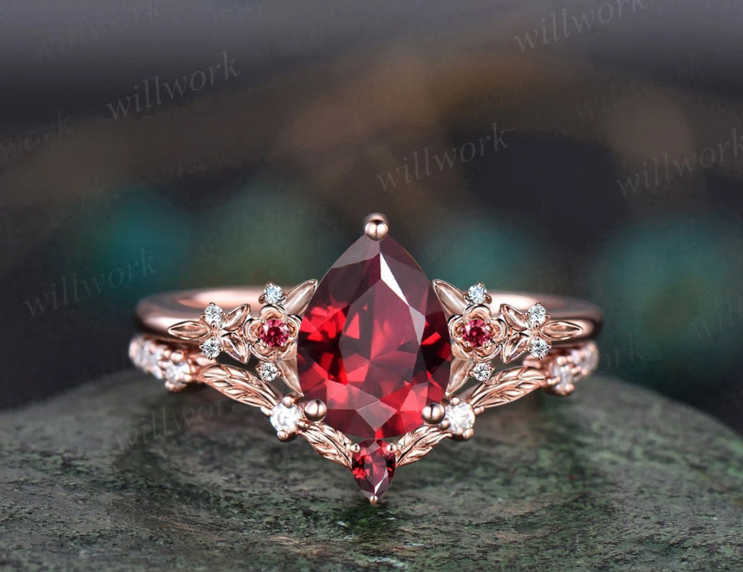 Pear Cut Ruby Floral Leaf Engagement Ring Set & Solitaire Ruby Brushed Men Wedding Band Passionate Ruby Couple Ring Set