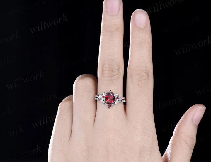 Pear Cut Ruby Floral Leaf Engagement Ring Set & Solitaire Ruby Brushed Men Wedding Band Passionate Ruby Couple Ring Set