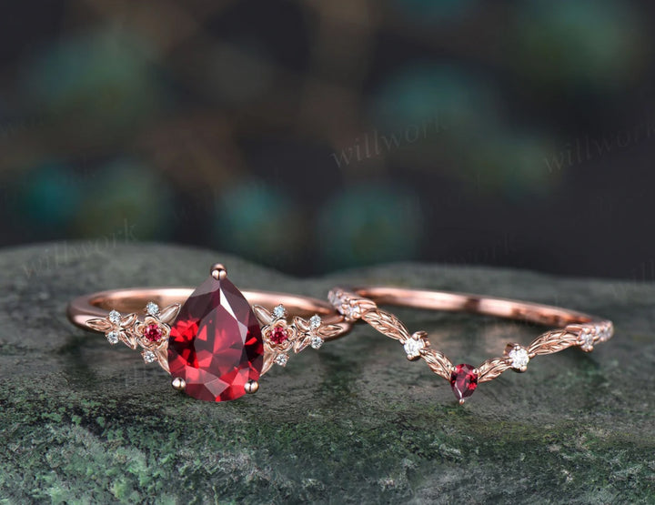 Pear Cut Ruby Floral Leaf Engagement Ring Set & Solitaire Ruby Brushed Men Wedding Band Passionate Ruby Couple Ring Set