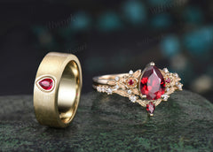 Pear Cut Ruby Floral Leaf Engagement Ring Set & Solitaire Ruby Brushed Men Wedding Band Passionate Ruby Couple Ring Set