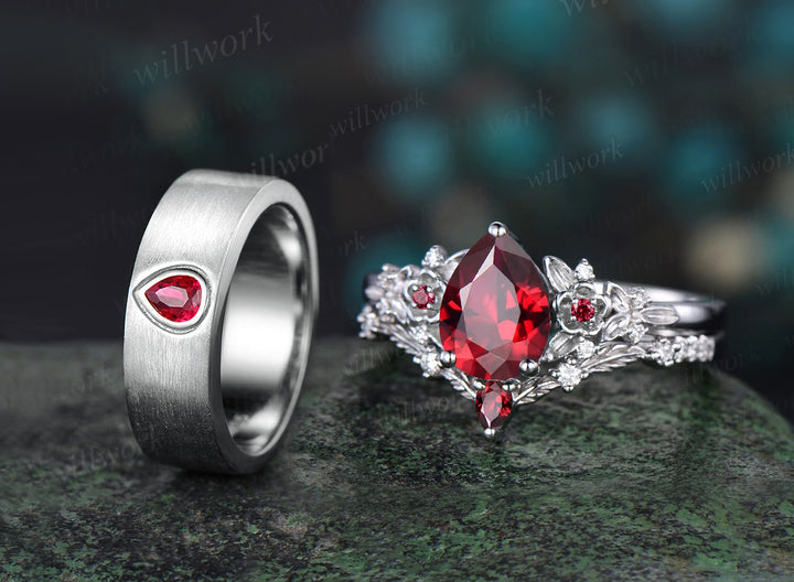 Pear Cut Ruby Floral Leaf Engagement Ring Set & Solitaire Ruby Brushed Men Wedding Band Passionate Ruby Couple Ring Set