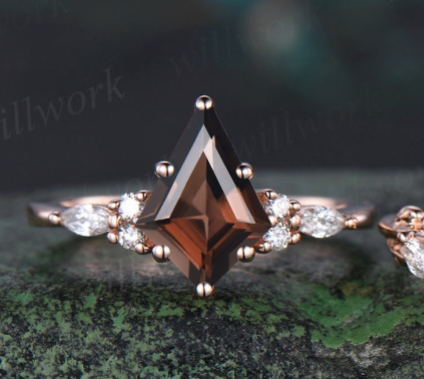 Unique kite cut brown smoky quartz engagement ring twig leaf rose gold diamond amethyst wedding band enhancer anniversary ring set women gift