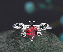 Gothic-style Halloween-themed Pear Cut Natural Ruby Ring Bat Ring Moon Star Promise Ring