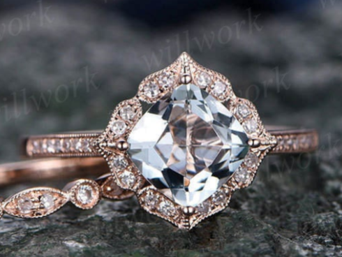 Cushion cut aquamarine engagement ring set aquamarine ring for women vintage rose gold diamond ring March birthstone ring bridal set gifts