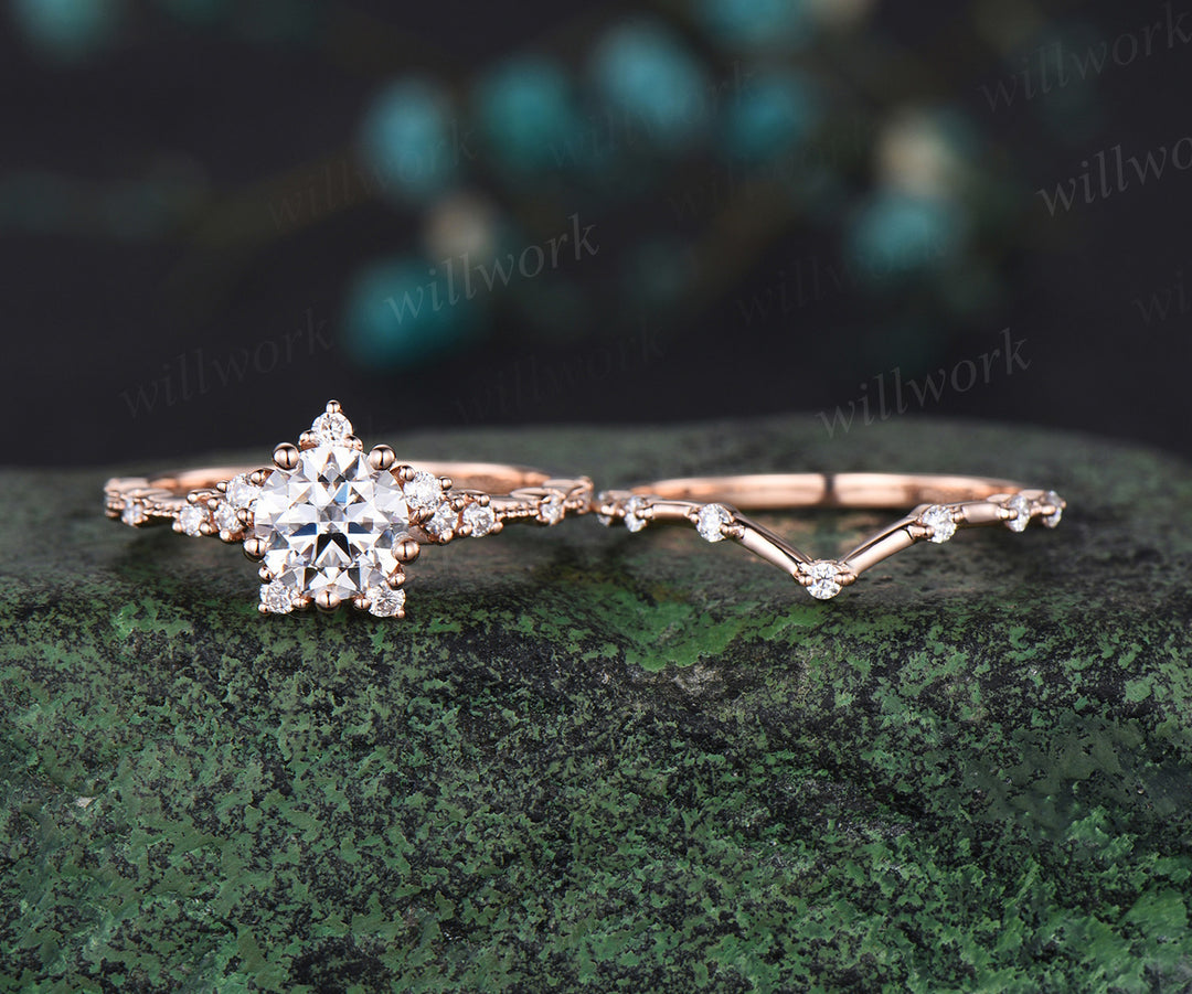 1ct round cut IGI Lab grown diamond engagement ring set stacking snowflake cluster diamond bridal ring set women