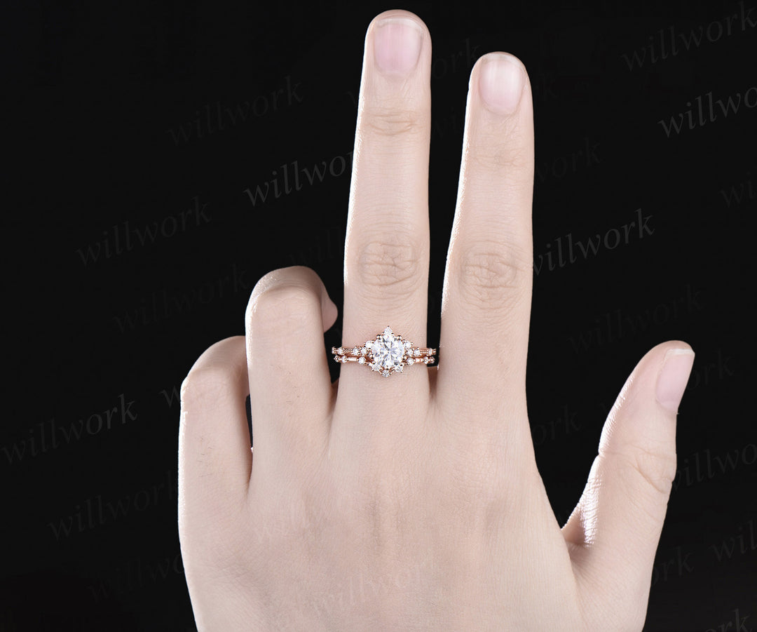 1ct round cut IGI Lab grown diamond engagement ring set stacking snowflake cluster diamond bridal ring set women
